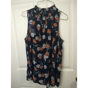 Daniel Rainn Blue Floral S High Neck Keyhole Sleeveless Lined Sheer Tank